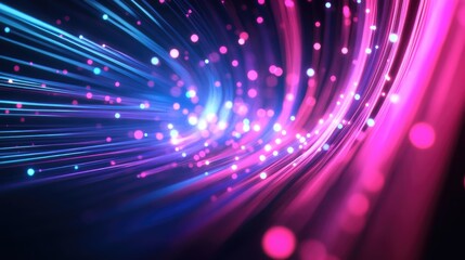 Poster - Abstract digital art featuring pink and blue neon lines with bokeh lights against a dark background ideal for themes of data transfer and technology