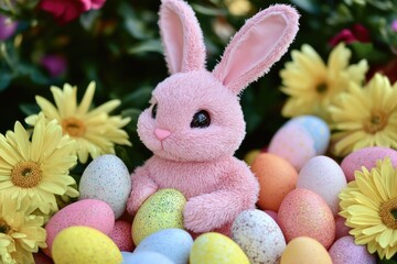 Wall Mural - A pink stuffed rabbit surrounded by colorful Easter eggs, perfect for springtime or Easter-themed designs