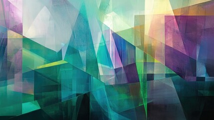 Poster - Futuristic abstract composition featuring layered geometric shapes and translucent elements with a blend of green blue and purple hues
