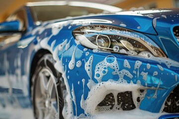 Poster - Close-up shot of a blue car with foam details