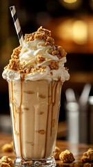 Poster - Milkshake transforming into a caramel and biscuit delight on a bar counter