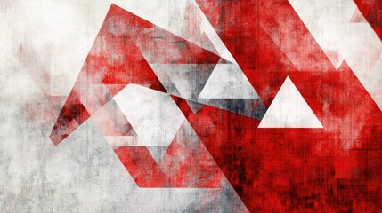 Poster - Contemporary abstract design featuring a textured red and white background with overlapping layers of triangles and rhombuses