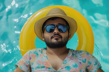 A person lounging by the pool with a hat and sunglasses, enjoying the sun