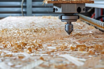 Poster - Machine cutting a piece of wood on a workbench
