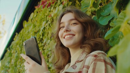 Poster - A woman smiles while checking her mobile device