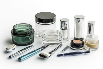Poster - Arrangement of various cosmetics products on a white surface, perfect for beauty and wellness related content