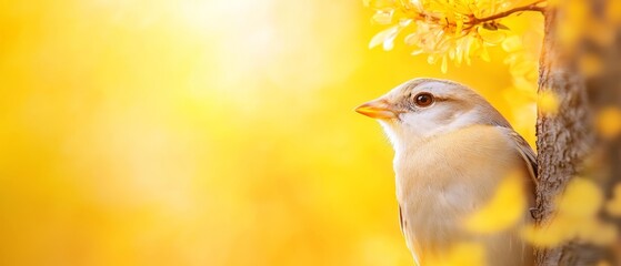 Wall Mural -  A bird sits atop a tree branch, the sidebranch bearing yellow and brown hues Background consists of yellow foliage