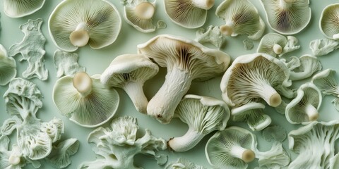 Wall Mural - Light green mushrooms set against a paper backdrop create a unique visual, highlighting the pale green hues and intricate details of the mushrooms on the soft background.