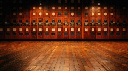 A dimly lit vintage interior featuring ornate wooden panels with multiple switches or dials and polished wooden flooring.