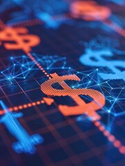 Poster - A close-up view of digital currency symbols overlaid on a grid, featuring vibrant blue and orange tones, symbolizing financial technology and data.