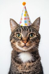 Poster - A domestic cat wearing a colorful party hat on its head, a playful and festive scene