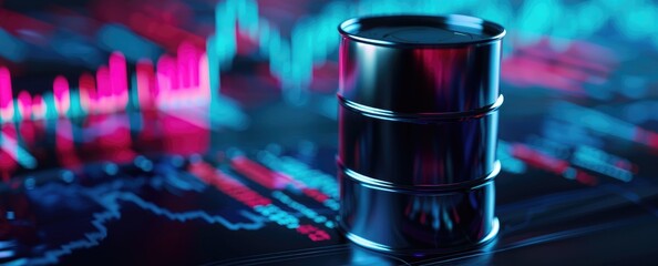 Poster - A sleek oil barrel stands prominently against a digital trading backdrop, symbolizing the oil market's dynamic nature and economic fluctuations.