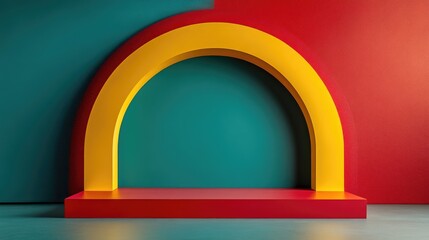 Poster - A bright arch with yellow and red hues set against a red and blue wall, ideal for use in designs related to education, architecture, or festivals