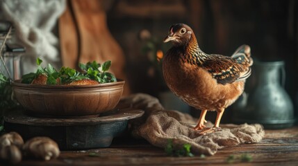 Aufkleber - A chicken standing on a table next to a bowl of food, great for use in kitchen-themed illustrations or as a prop in lifestyle shots