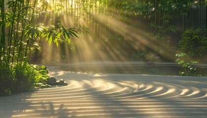 Poster - A serene garden scene with sunlight filtering through bamboo, creating beautiful light rays and patterns on a sandy surface.