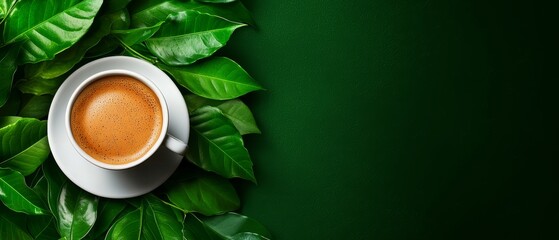 Wall Mural -  A cup of coffee on a saucer, atop a leafy green counter, next to another cup