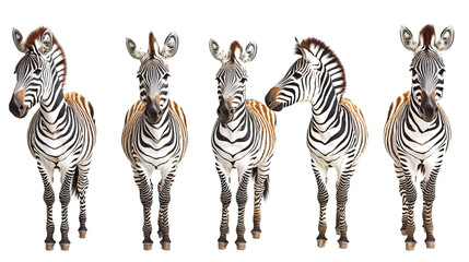 Poster - Five Detailed Zebra Figures on White Background Generative AI