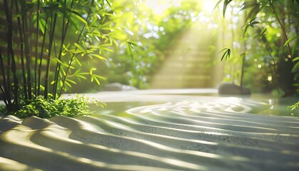 Poster - A tranquil scene of water with gentle ripples, surrounded by lush greenery and soft sunlight filtering through bamboo, creating a serene atmosphere.