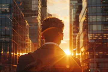Poster - A businessman stands on city streets, dressed in formal attire