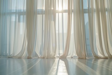 Poster - Bright sunlight shines through white curtains in a cozy room