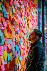 Poster - A person stands in front of a colorful wall filled with sticky notes, ideal for use in presentations or as a creative concept illustration