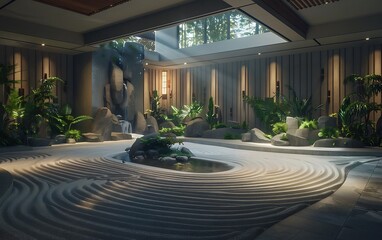 Poster - A serene interior space featuring natural light, lush greenery, and a calming zen garden design, creating a tranquil atmosphere.