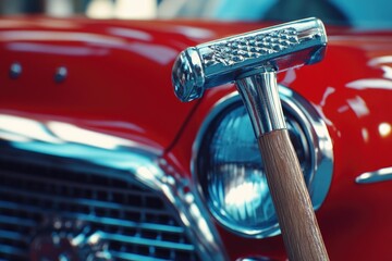 A close-up shot of a hammer resting on the hood of a bright red car