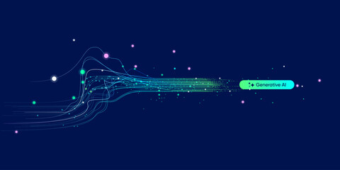 Fototapete - Illustration of abstract stream information with cyan line and dot. Big data, technology, AI, data transfer, data flow, large language model, generative ai