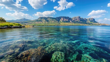 Poster - A serene mountain lake surrounded by lush greenery and a majestic mountain in the background