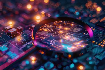Poster - A close-up shot of a magnifying glass examining a circuit board