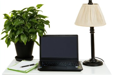 Poster - A person's workspace with a laptop and white desk