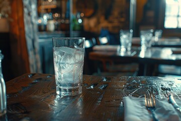 Poster - A glass of water placed on a wooden table, ideal for still life photography or as a prop in interior scenes