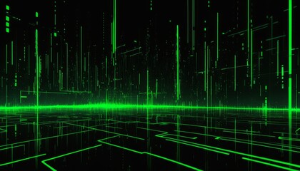 Fototapete - Matrix-inspired digital landscape, high-tech mood, abstract design, green neon and black colors, futuristic art