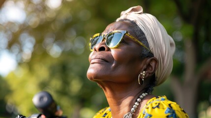 Wall Mural - A woman posing with sunglasses and a bright yellow top, perfect for casual summer photoshoots or travel images