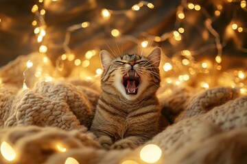 Aufkleber - A domestic cat is relaxed and yawning while lying on a soft blanket
