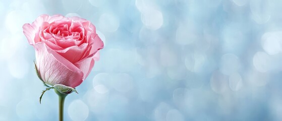  A tight shot of a pink rose against a blue backdrop, with a shallow depth of field that softly blurs the surrounding background and highlights the rose's bokeh (the circular pattern