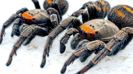 Poster - Close-up View of Two Colorful Spiders on a White Surface Generative AI