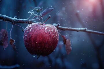 Poster - Close-up shot of a single apple hanging from a tree branch, ideal for food and nature photography