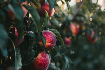 Poster - Freshly picked red apples hang from the tree branches in autumn