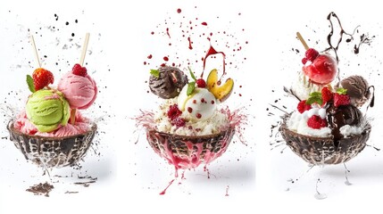 Poster - Colorful Ice Cream Explosions With Fruit and Sprinkles in a Bowl Generative AI