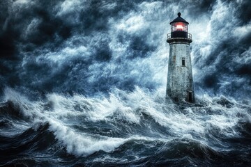Poster - A lighthouse stands strong amidst turbulent waters, ready to guide through rough seas
