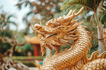 Poster - A decorative golden dragon statue in front of a palm tree, suitable for use as a symbol of good luck or prosperity