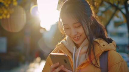 Poster - A young woman checks her phone while wearing a bright yellow jacket, great for depicting modern life or technology-related concepts