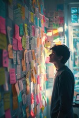 Poster - A person stands in front of a colorful wall covered with post-it notes, ideal for representing creativity and brainstorming