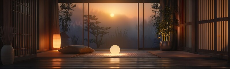 Poster - A serene interior scene with soft lighting, showcasing a peaceful atmosphere at sunset, enhanced by natural elements like plants.