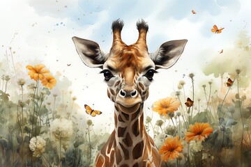 A cute giraffe with a gentle smile stands in a field of wildflowers with butterflies flying around it.