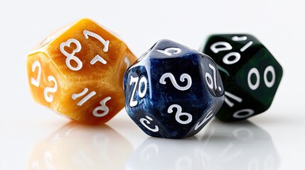 Poster - Colorful Polyhedral Dice Arranged on a Reflective Surface Generative AI