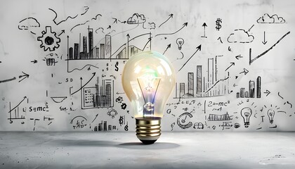 Illuminated light bulb on diagram background, symbolizing innovation and creativity