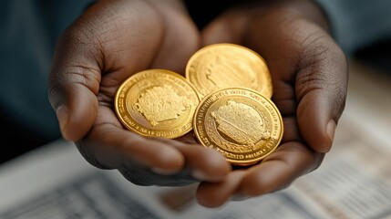 Three shiny gold coins are held in two hands, showcasing their intricate designs against a blurred background.