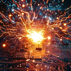 Poster - explosive digital detonation within computer circuitry sparks neon electrical surges